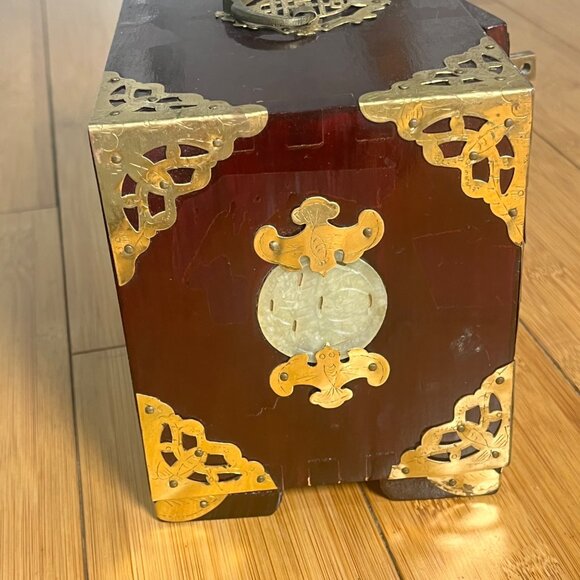 Vintage Chinese-Inspired Wooden Jewelry Box W/ Brass & Mother-Of-Pearl Inlay - Picture 9 of 11